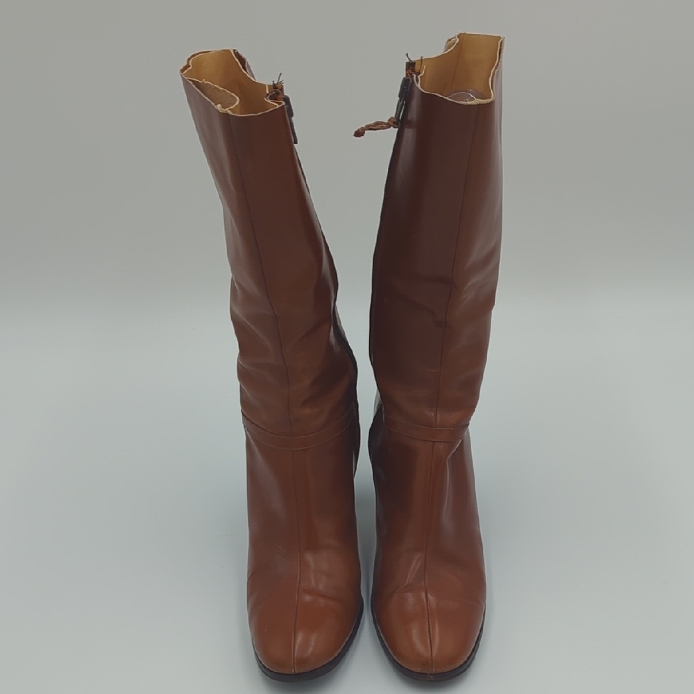 Vintage Ferragamo Leather Heeled Boots 10M Mid Calf Zip Up Classic Gold Upcycled - Picture 2 of 12